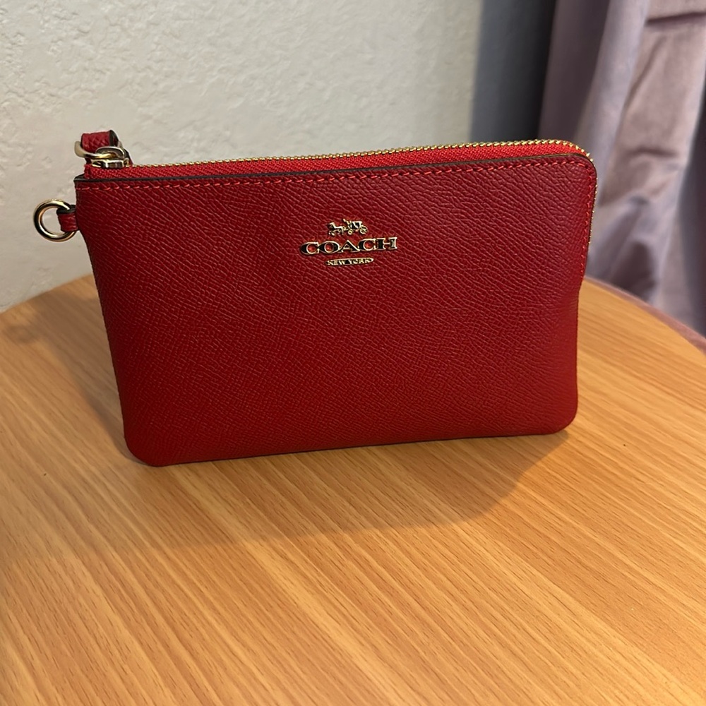Brand New Coach Bold Red Leather Corner Zip Wristlet with gold hardware